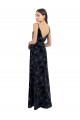 Bleu marine foncé Trapèze Col V Velours Floral Velours Stretch Longue Robes demoiselle d'honneur en Ligne