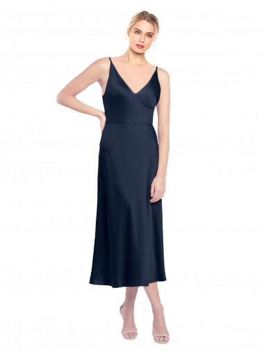 Bleu marine foncé Trapèze Col V midi Satiné Stretch Courte Robes demoiselle d'honneur / Robes de soirée / Robes de cocktail en Ligne