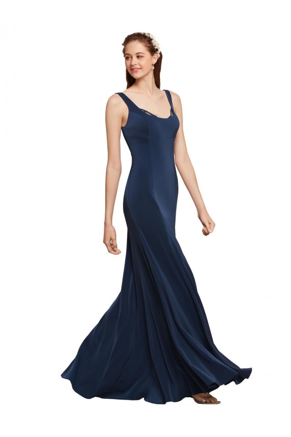 Bleu marine foncé Trapèze Col rond Crêpe Stretch Longue Formelles Robes demoiselle d'honneur / Robes de soirée / Robes de bal en Ligne