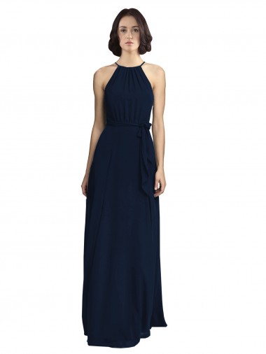 Bleu marine foncé Trapèze Licou Col Haut Mousseline Longue Robes demoiselle d'honneur en Ligne