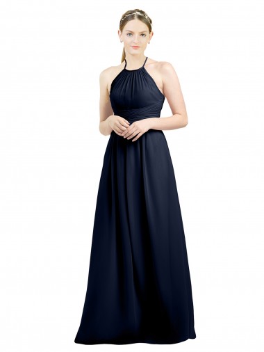 Bleu marine foncé Trapèze Licou Col Haut Mousseline Longue Robes demoiselle d'honneur en Ligne