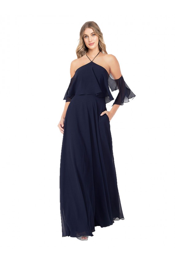 Bleu marine foncé Trapèze Licou Col Haut Mousseline Longue Robes demoiselle d'honneur en Ligne