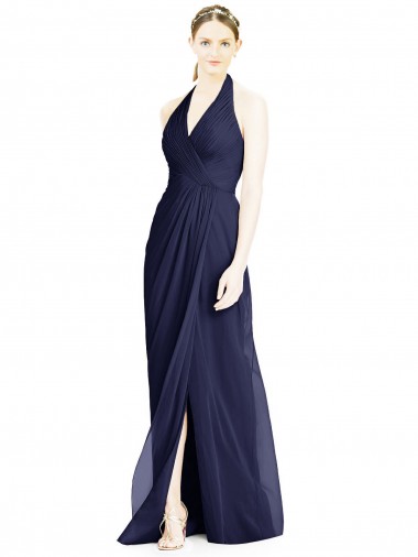 Bleu marine foncé Trapèze Licou Col V Mousseline Longue Robes demoiselle d'honneur en Ligne