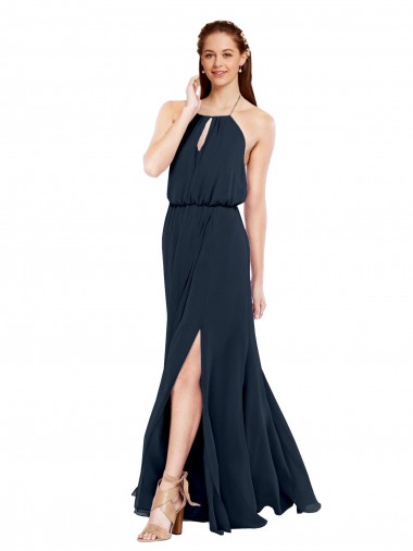Bleu marine foncé Trapèze Licou Mousseline Longue Robes demoiselle d'honneur en Ligne