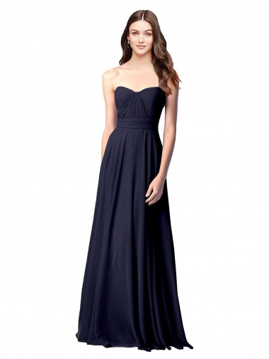 Bleu marine foncé Trapèze Sans bretelle Mousseline Longue Robes demoiselle d'honneur en Ligne