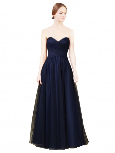 Bleu marine foncé Trapèze Sans bretelle Tulle Longue Robes demoiselle d'honneur en Ligne