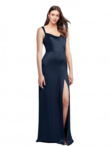 Bleu marine foncé Trapèze Satiné Stretch Longue Formelles Robes demoiselle d'honneur / Robes de soirée / Robes de bal en Ligne