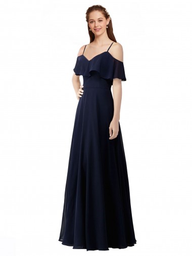 Bleu marine foncé Trapèze Épaule Dénudée Col V Mousseline Longue Robes demoiselle d'honneur en Ligne