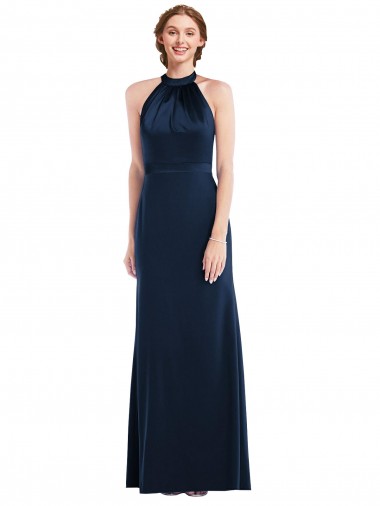 Bleu marine foncé Trompette Col Haut Crêpe Stretch Longue Robes demoiselle d'honneur / Robes de bal en Ligne