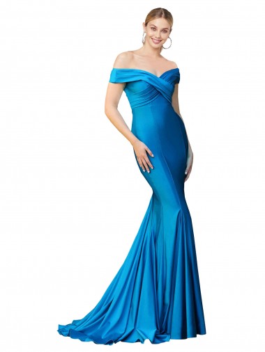 Bleu paon Sirène Épaule Dénudée Satiné Longue Formelles Robes demoiselle d'honneur / Robes de soirée / Robes de bal en Ligne