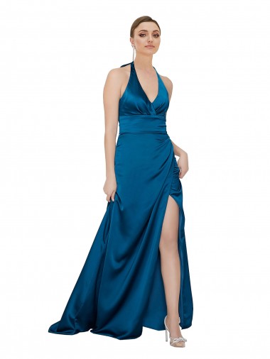 Bleu paon Trapèze Licou Satiné Soyeux Longue Formelles Robes demoiselle d'honneur / Robes de soirée / Robes de bal en Ligne