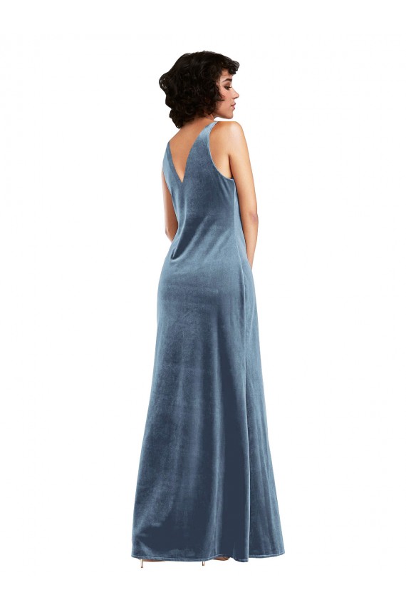 Bleu poussiéreux Fourreau Velours Stretch Longue Robes demoiselle d'honneur / Robes de bal en Ligne