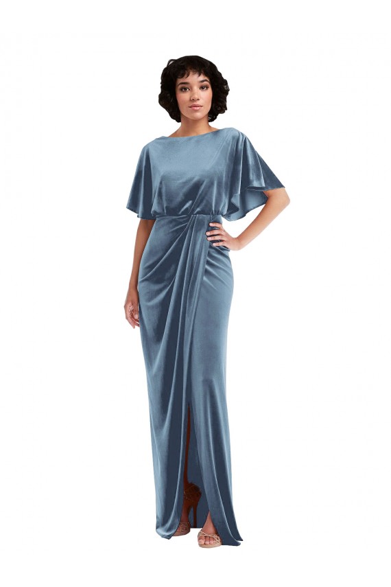Bleu poussiéreux Fourreau Velours Stretch Longue Robes demoiselle d'honneur / Robes de bal en Ligne