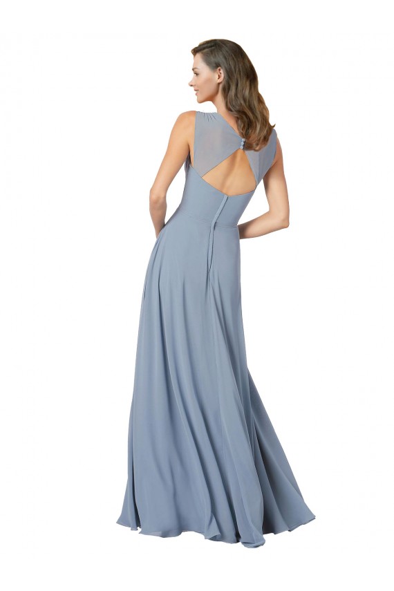 Bleu poussiéreux Trapèze Bretelles spaghetti Col V Mousseline Longue Robes demoiselle d'honneur en Ligne