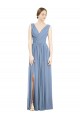 Bleu poussiéreux Trapèze Col V Mousseline Longue Robes demoiselle d'honneur en Ligne