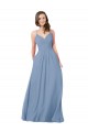 Bleu poussiéreux Trapèze Col V Mousseline Longue Robes demoiselle d'honneur en Ligne