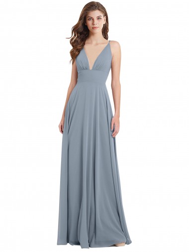 Bleu poussiéreux Trapèze Col V Mousseline Longue Robes demoiselle d'honneur en Ligne