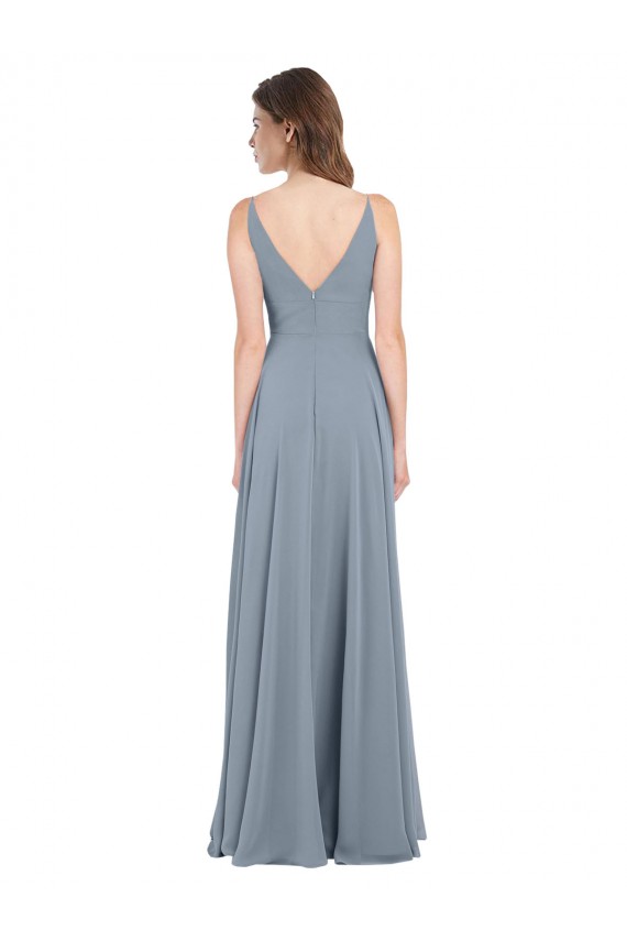 Bleu poussiéreux Trapèze Col V Mousseline Longue Robes demoiselle d'honneur en Ligne