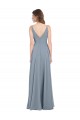 Bleu poussiéreux Trapèze Col V Mousseline Longue Robes demoiselle d'honneur en Ligne