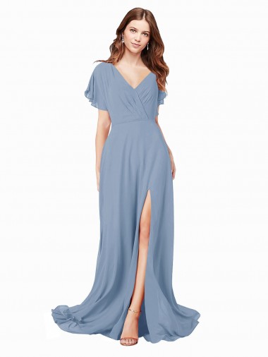 Bleu poussiéreux Trapèze Col V Mousseline Longue Robes demoiselle d'honneur / Robes de bal en Ligne