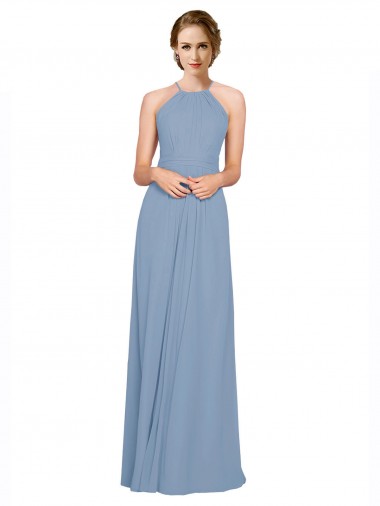 Bleu poussiéreux Trapèze Licou Col Haut Mousseline Longue Robes demoiselle d'honneur en Ligne