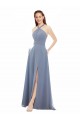Bleu poussiéreux Trapèze Licou Col Haut Mousseline Longue Robes demoiselle d'honneur en Ligne