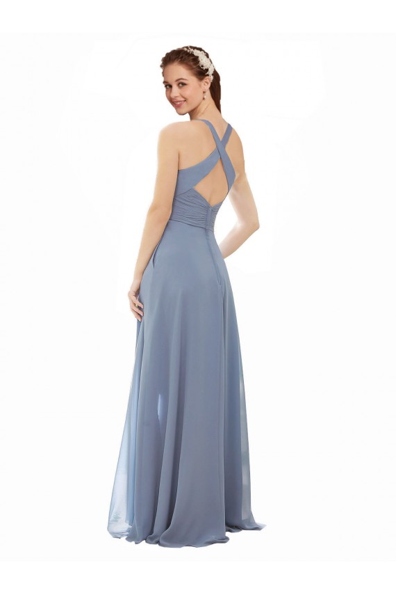 Bleu poussiéreux Trapèze Licou Col Haut Mousseline Longue Robes demoiselle d'honneur en Ligne