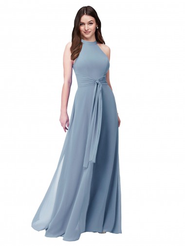 Bleu poussiéreux Trapèze Licou Col Haut Mousseline Longue Robes demoiselle d'honneur en Ligne