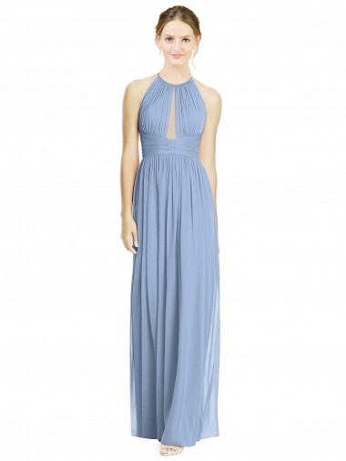 Bleu poussiéreux Trapèze Licou Mousseline Longue Robes demoiselle d'honneur en Ligne
