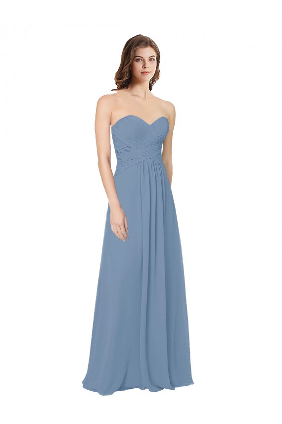 Bleu poussiéreux Trapèze Mousseline Longue Robes demoiselle d'honneur en Ligne