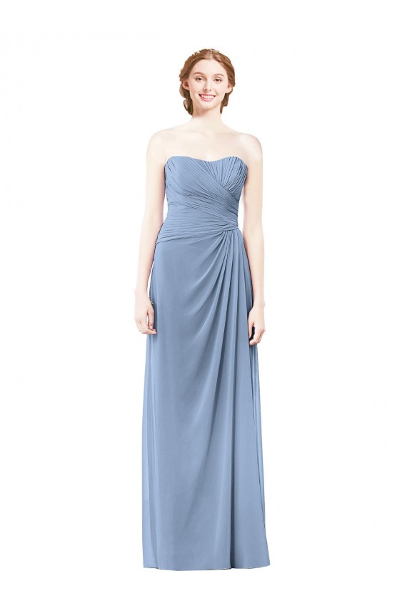 Bleu poussiéreux Trapèze Sans bretelle Mousseline Longue Robes demoiselle d'honneur en Ligne