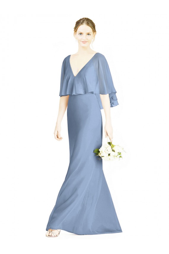 Bleu poussiéreux Trompette Col V Mousseline Longue Robes demoiselle d'honneur en Ligne