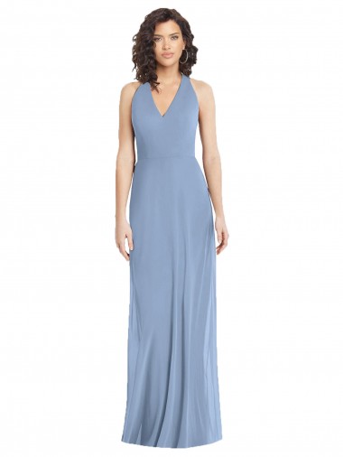 Bleu poussiéreux Trompette Licou Col V Mousseline Longue Formelles Robes demoiselle d'honneur / Robes de soirée en Ligne