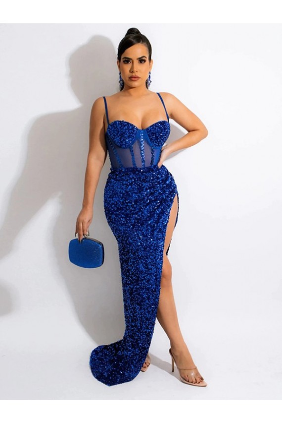 Bleu roi Fourreau Bretelles spaghetti Balayage train Paillettes Velours Longue Robes de bal en Ligne