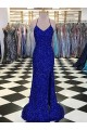 Bleu roi Fourreau Col V Balayage train Paillettes Velours Longue Robes de bal en Ligne
