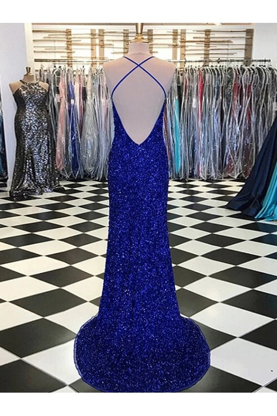 Bleu roi Fourreau Col V Balayage train Paillettes Velours Longue Robes de bal en Ligne