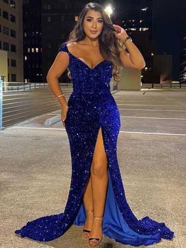 Bleu roi Fourreau Col V Balayage train Paillettes Velours Longue Robes de bal en Ligne