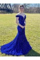 Bleu roi Fourreau Épaule Dénudée Balayage train Paillettes Velours Longue Robes de bal en Ligne