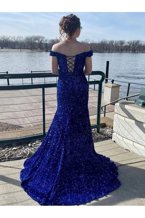 Bleu roi Fourreau Épaule Dénudée Balayage train Paillettes Velours Longue Robes de bal en Ligne