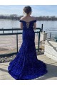 Bleu roi Fourreau Épaule Dénudée Balayage train Paillettes Velours Longue Robes de bal en Ligne
