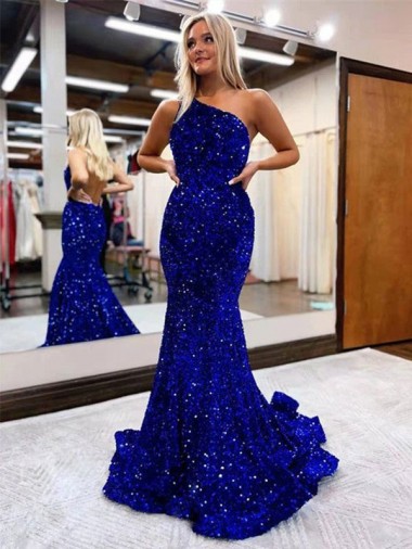 Bleu roi Sirène Balayage train Paillettes Velours Longue Robes de bal en Ligne