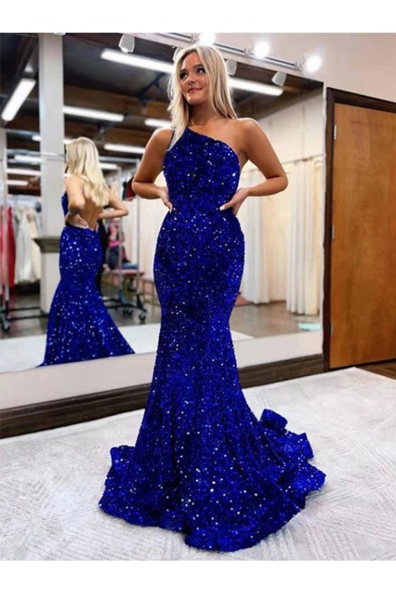 Bleu roi Sirène Balayage train Paillettes Velours Longue Robes de bal en Ligne