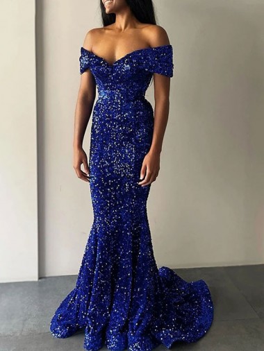 Bleu roi Sirène Épaule Dénudée Balayage train Paillettes Velours Longue Robes de bal en Ligne