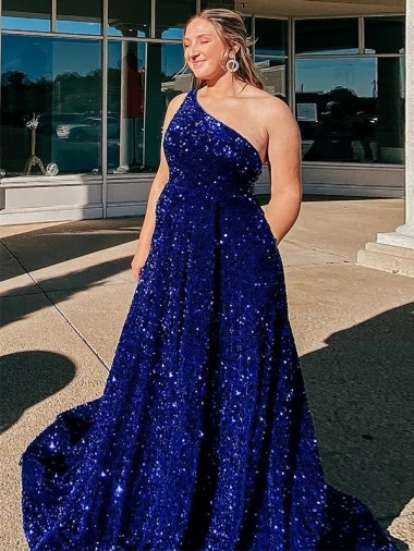 Bleu roi Trapèze Balayage train Paillettes Velours Longue Robes de bal en Ligne