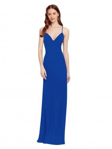 Bleu roi Trapèze Bretelles spaghetti Col V Mousseline Longue Robes demoiselle d'honneur en Ligne