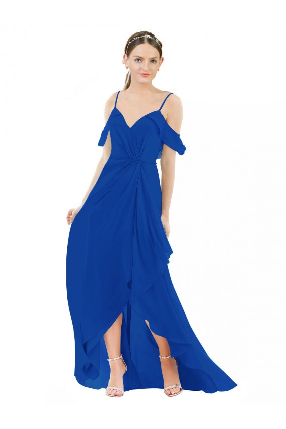 Bleu roi Trapèze Col V Mousseline Longue Asymétrique Robes demoiselle d'honneur en Ligne
