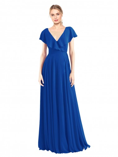 Bleu roi Trapèze Col V Mousseline Longue Robes demoiselle d'honneur en Ligne