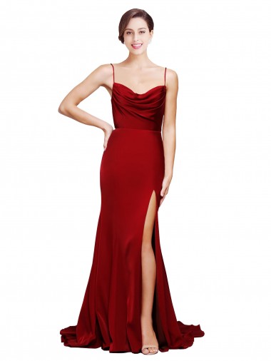 Bordeaux Fourreau Bretelles spaghetti Balayage train Satiné Stretch Longue Formelles Robes demoiselle d'honneur / Robes de soirée / Robes de bal en Ligne