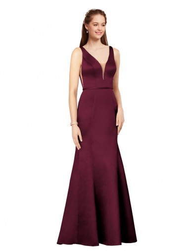 Bordeaux Fourreau Col V Satiné Longue Formelles Robes demoiselle d'honneur / Robes de soirée / Robes de bal en Ligne