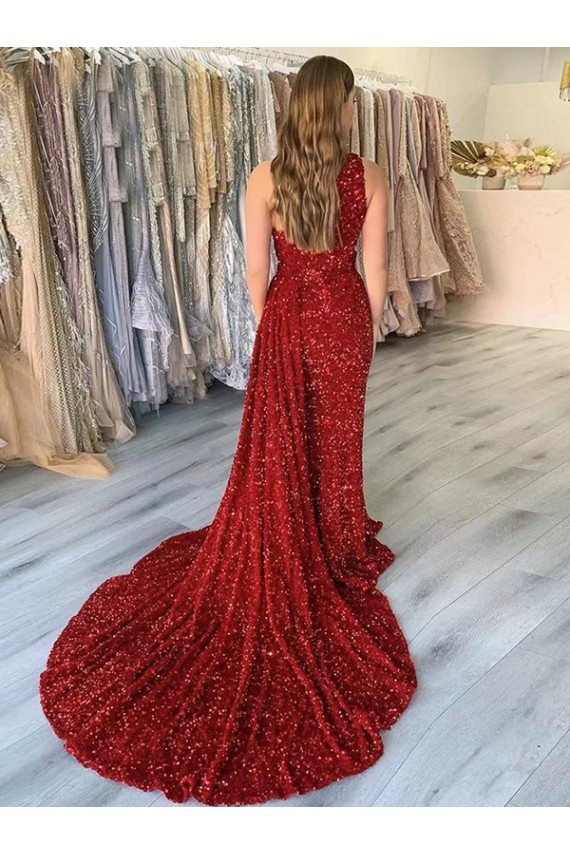 Bordeaux Fourreau Traîne moyenne Paillettes Velours Longue Robes de bal en Ligne
